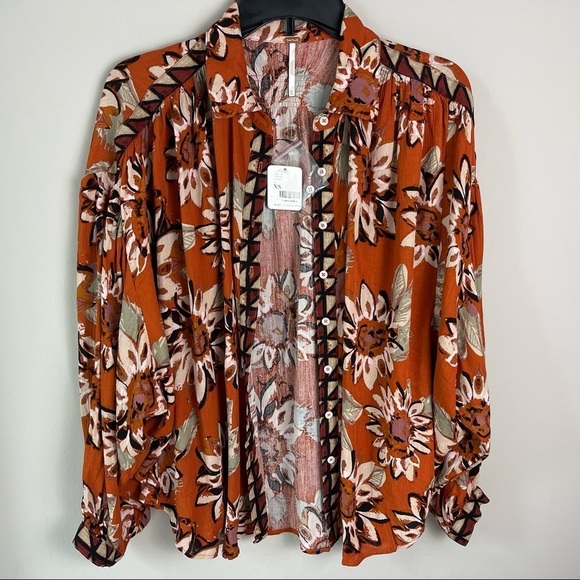 Free People Floral Button Down Shirt - Orange and White - Picture 2 of 16